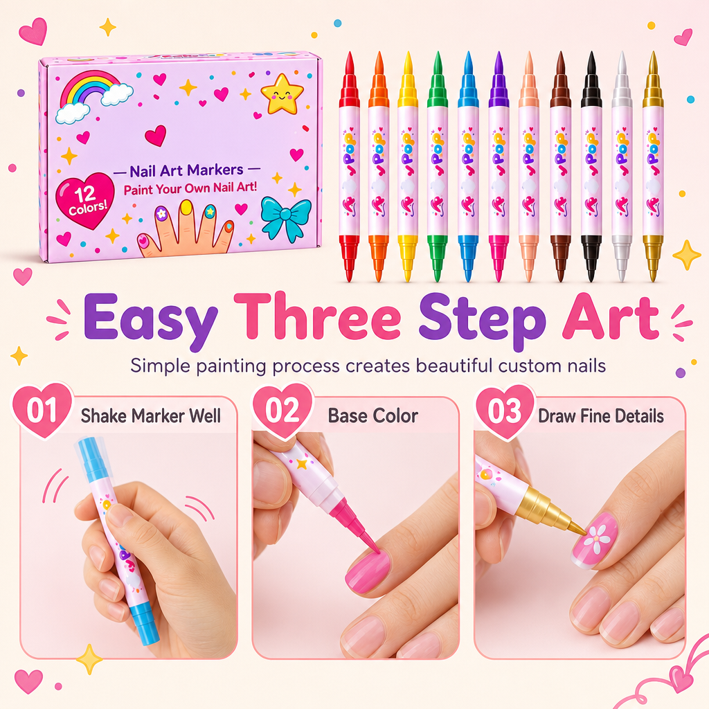 ⏳Limited Time 50% OFF🎨12 Colors Kids Dual Tip Nail Art Pen Set, Double Ended Markers for DIY Nail Painting