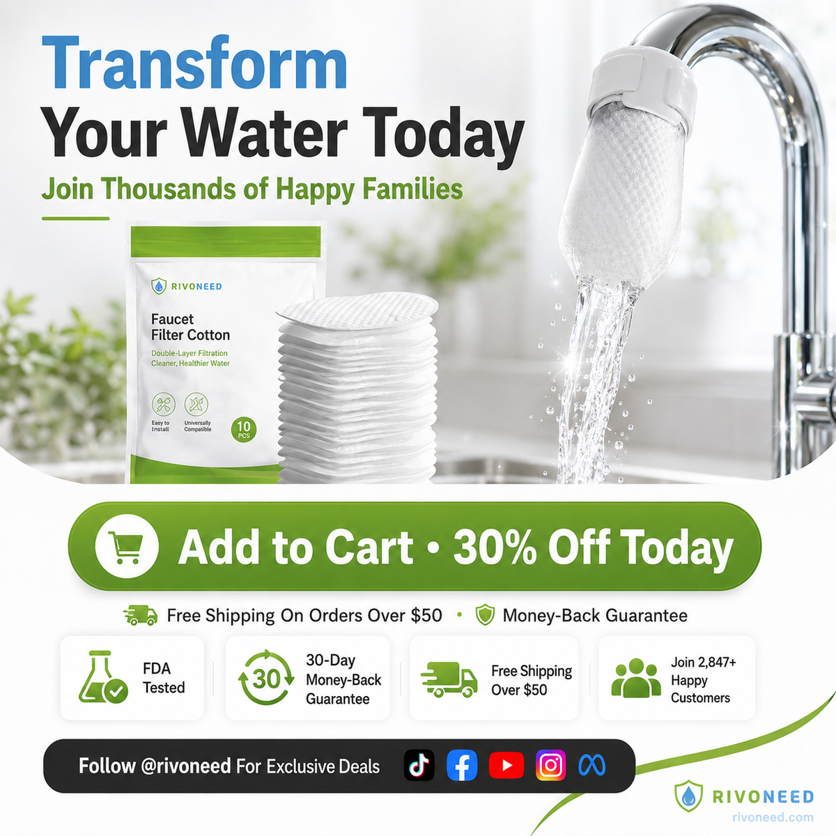 ⏰50%OFF⚡50K+ SOLD!💥Anti-Splash Kitchen Faucet Cotton Filter for Sediment & Rust Removal