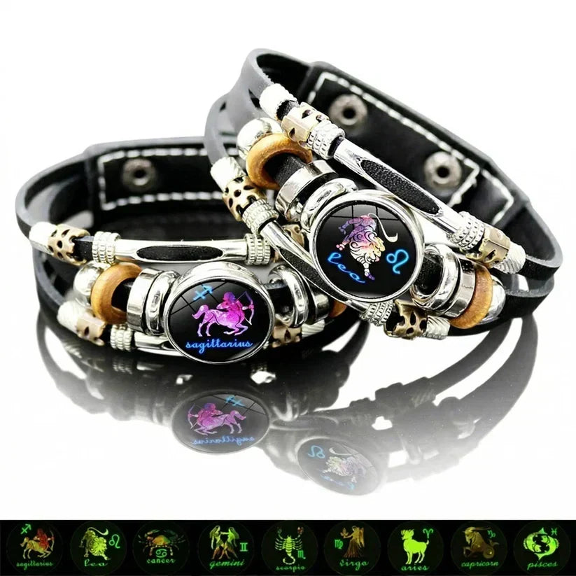 💥Last-day sale – 50% off ☪️Glow-in-the-dark leather zodiac sign bracelet for men and women (6.9/8.1 inches)♑️
