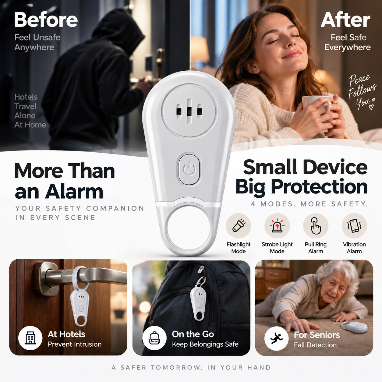 🔥50% OFF NOW! 🛡️Personal Safety Alarm Keychain—130dB Loud Emergency Siren with Vibration‑Activated Security Mode, Rechargeable Flashlight & Strobe Light, Pull‑Ring Pin Emergency Device for Women, Seniors, Travel & Hotel Safety