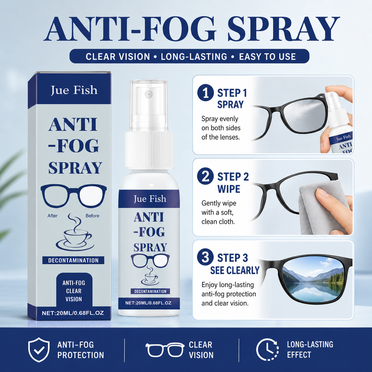 Multi-purpose anti-fog spray for lenses and glass
