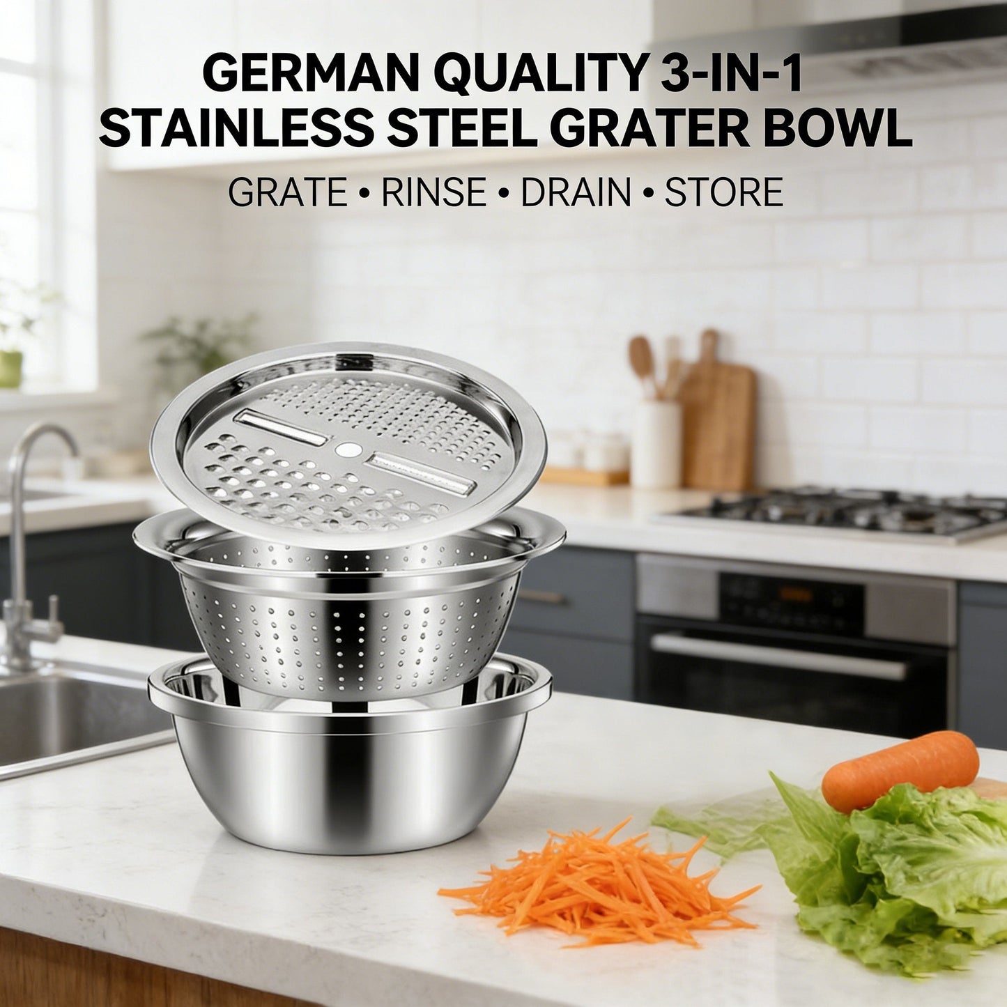 🔥HOT SALE 50% OFF-🌞🍴 German Quality 3-in-1 Stainless Steel Grater Bowl
