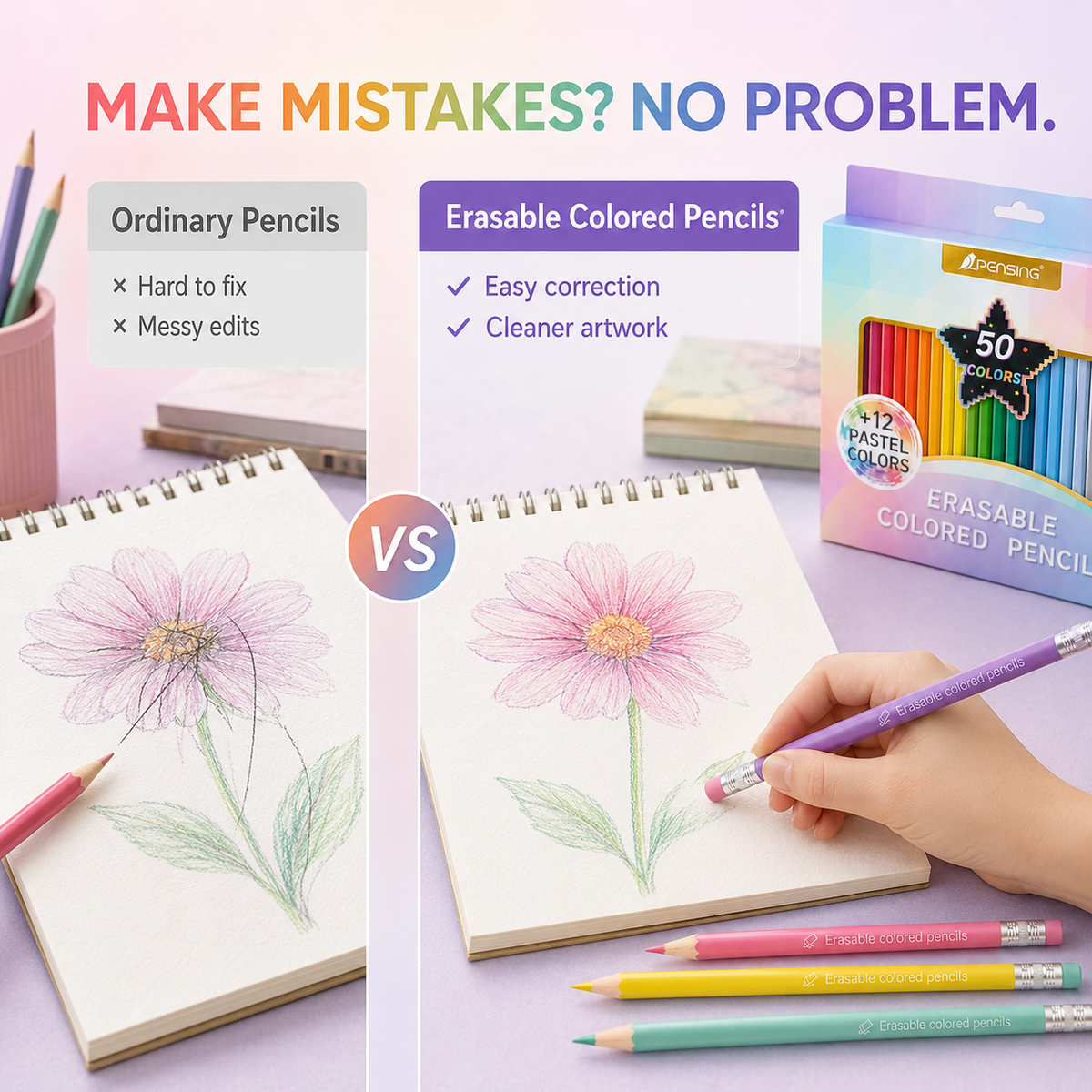 🎨 Erasable Colored Pencils with Built-In Eraser Tips
