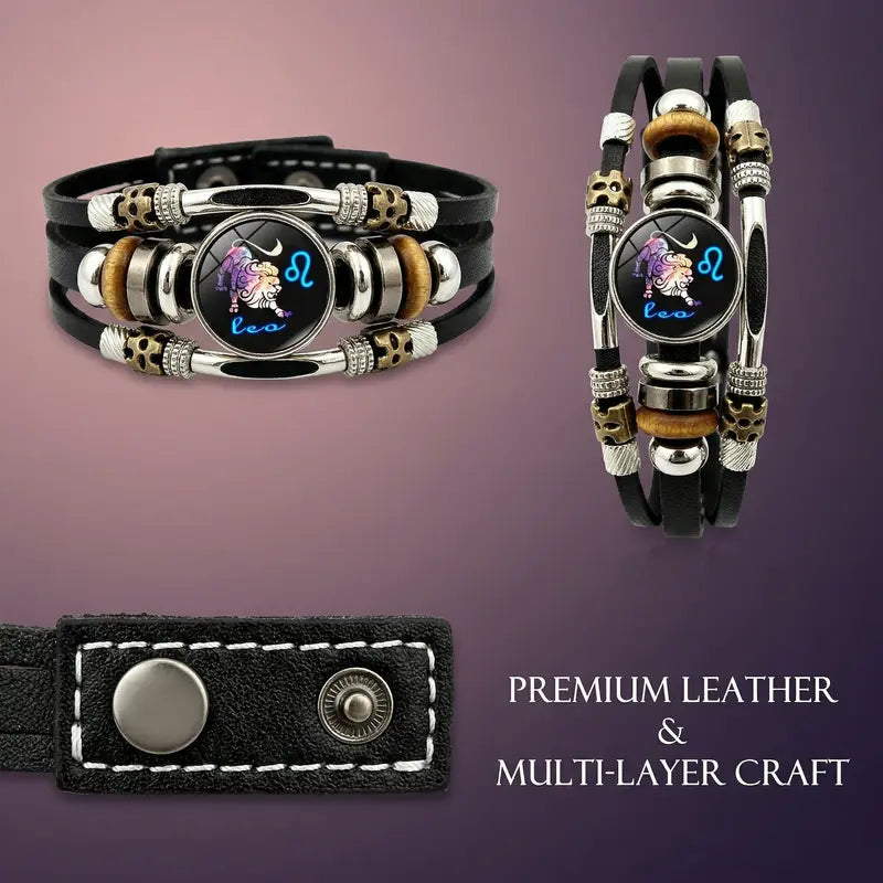💥Last-day sale – 50% off ☪️Glow-in-the-dark leather zodiac sign bracelet for men and women (6.9/8.1 inches)♑️