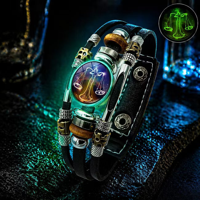 💥Last-day sale – 50% off ☪️Glow-in-the-dark leather zodiac sign bracelet for men and women (6.9/8.1 inches)♑️