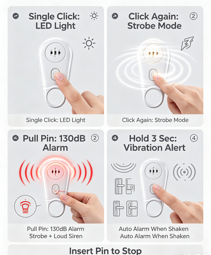 🔥50% OFF NOW! 🛡️Personal Safety Alarm Keychain—130dB Loud Emergency Siren with Vibration‑Activated Security Mode, Rechargeable Flashlight & Strobe Light, Pull‑Ring Pin Emergency Device for Women, Seniors, Travel & Hotel Safety