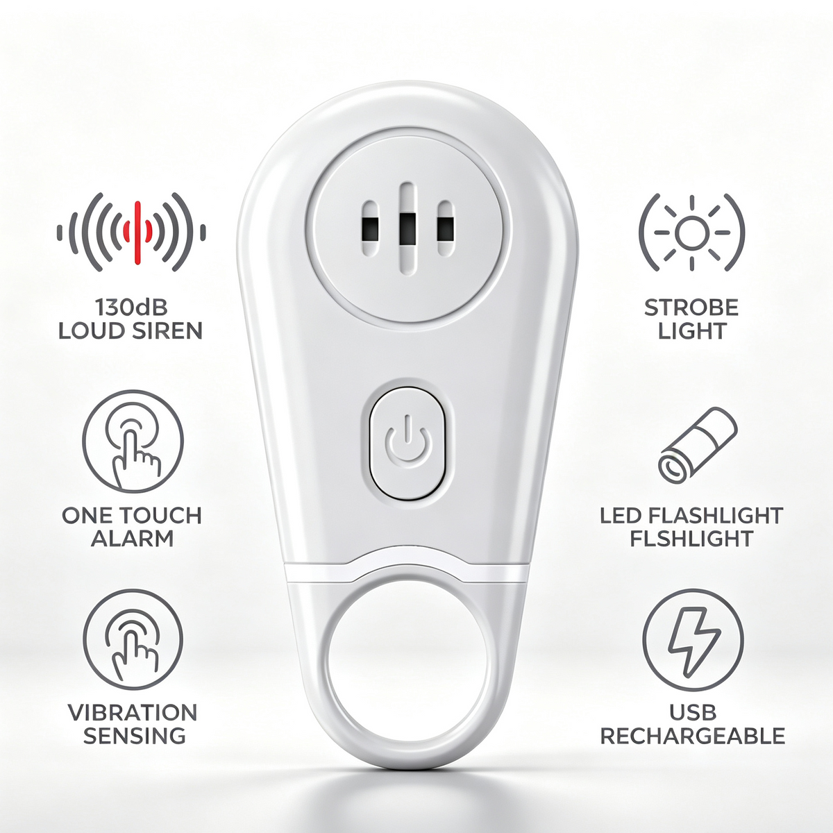 🔥50% OFF NOW! 🛡️Personal Safety Alarm Keychain—130dB Loud Emergency Siren with Vibration‑Activated Security Mode, Rechargeable Flashlight & Strobe Light, Pull‑Ring Pin Emergency Device for Women, Seniors, Travel & Hotel Safety