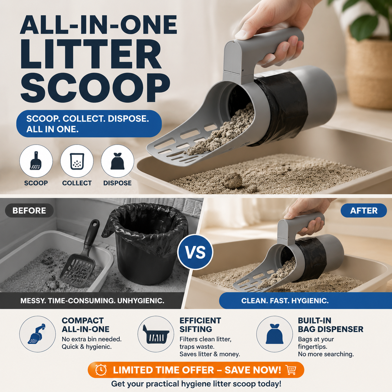 📢📢50% OFF !! ⏰ Self-Cleaning Litter Scoop with Waste Bin – Easy One-Handed Use 🧹🗑️