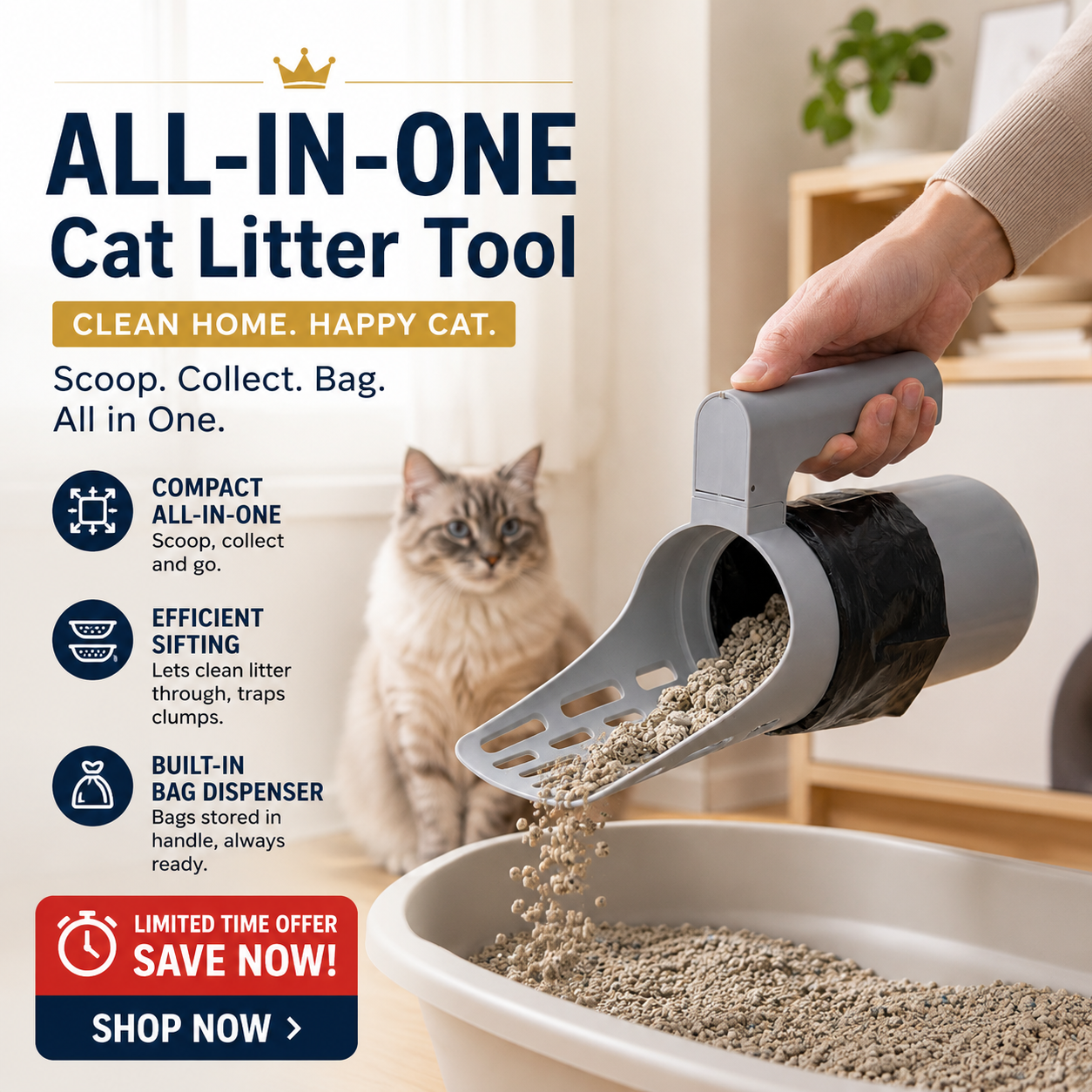 📢📢50% OFF !! ⏰ Self-Cleaning Litter Scoop with Waste Bin – Easy One-Handed Use 🧹🗑️