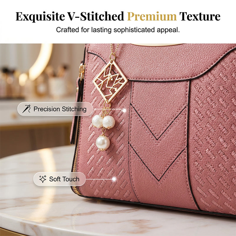 👜Women's V-Stitched Satchel – Gold Hardware, Multi-Compartment, Top-Handle 🌸