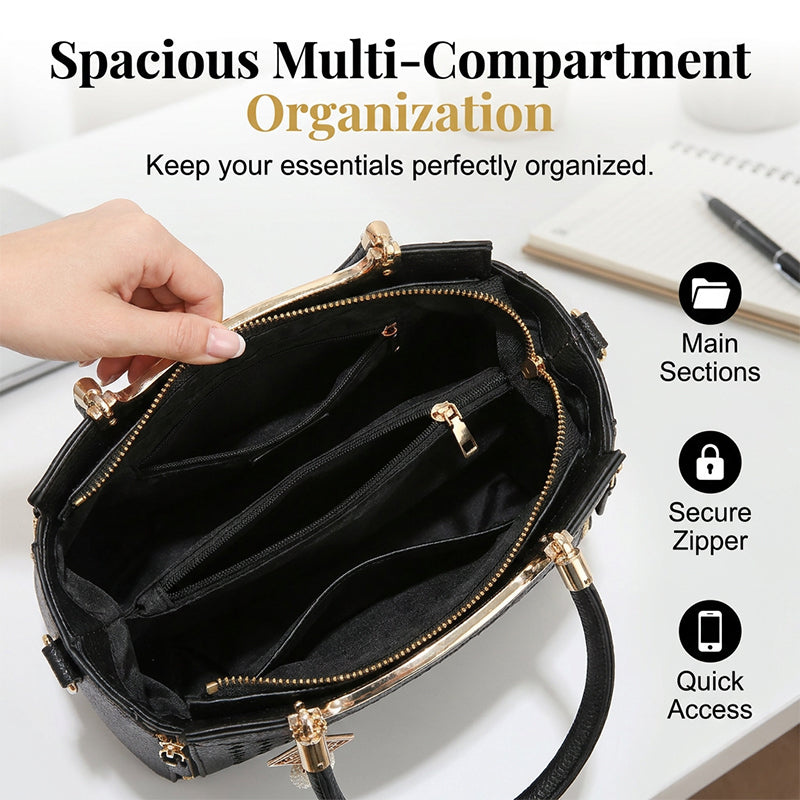 👜Women's V-Stitched Satchel – Gold Hardware, Multi-Compartment, Top-Handle 🌸