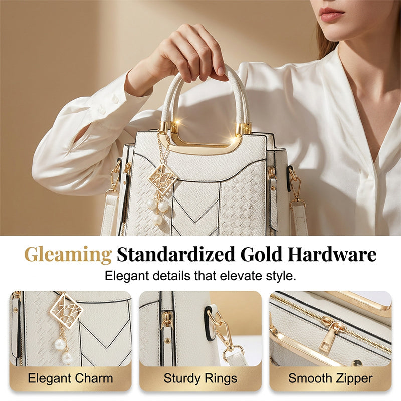 👜Women's V-Stitched Satchel – Gold Hardware, Multi-Compartment, Top-Handle 🌸
