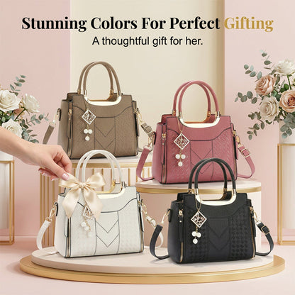 👜Women's V-Stitched Satchel – Gold Hardware, Multi-Compartment, Top-Handle 🌸