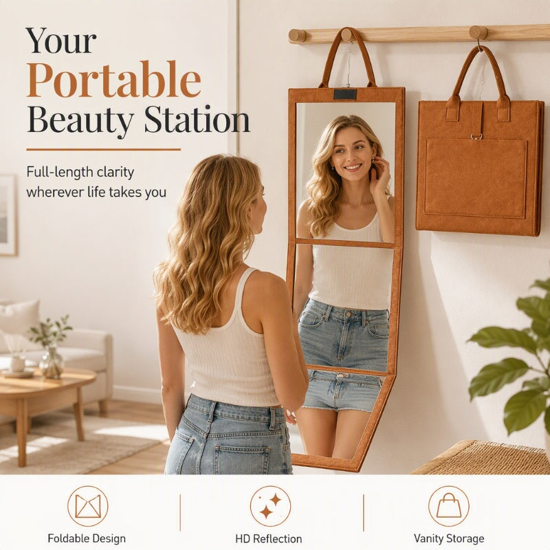 🥳50% OFF NOW! Portable Folding Full-Length Mirror‑HD Foldable Travel Body Mirror with Storage Bag, Wall Hanging Vanity Mirror for Dorm & Travel