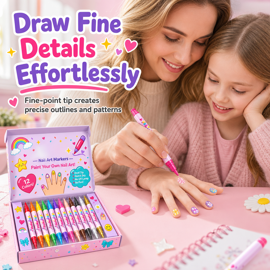⏳Limited Time 50% OFF🎨12 Colors Kids Dual Tip Nail Art Pen Set, Double Ended Markers for DIY Nail Painting