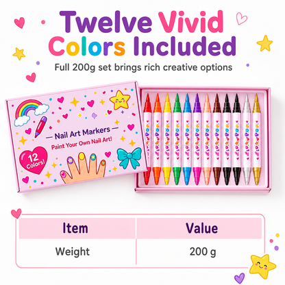 ⏳Limited Time 50% OFF🎨12 Colors Kids Dual Tip Nail Art Pen Set, Double Ended Markers for DIY Nail Painting