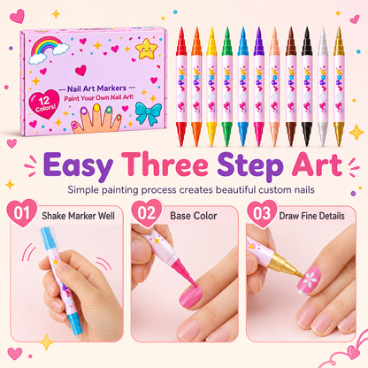 ⏳Limited Time 50% OFF🎨12 Colors Kids Dual Tip Nail Art Pen Set, Double Ended Markers for DIY Nail Painting