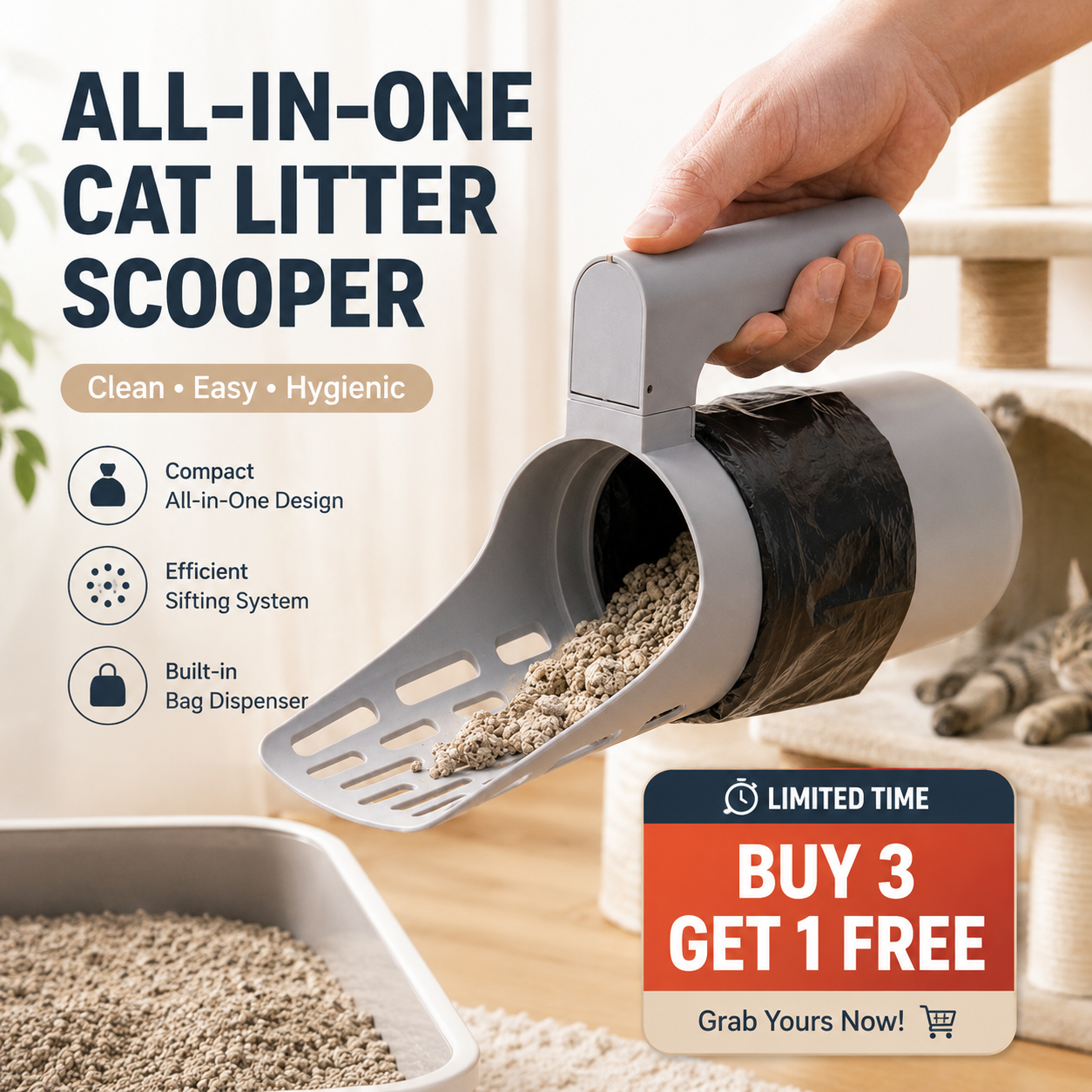 📢📢50% OFF !! ⏰ Self-Cleaning Litter Scoop with Waste Bin – Easy One-Handed Use 🧹🗑️